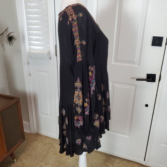 Free People Tunic Dress S Shirt‎ Peasant Top Black Embroidered Vneck Boho Prarie - Picture 5 of 16